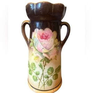 Antique Czech Slovakia Art Pottery Vase Double Handles and a Floral Rose Design